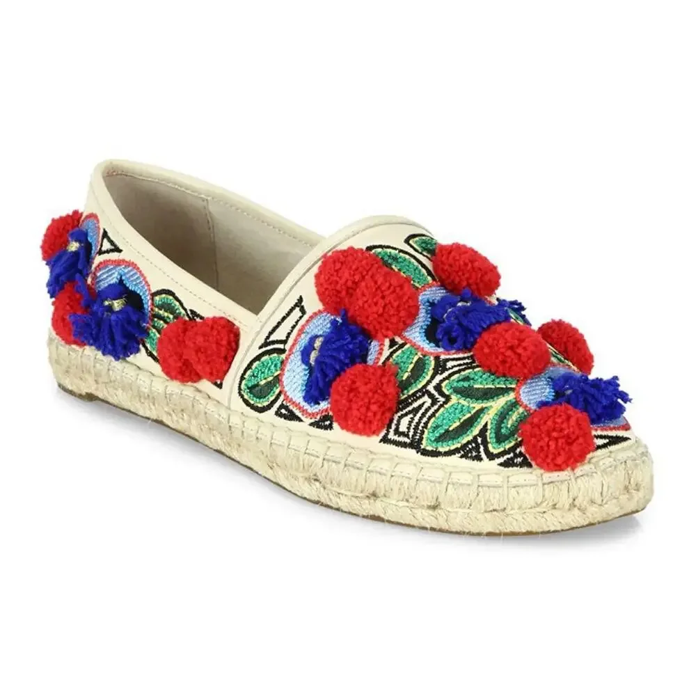 Tory Burch Ellis Pom Pom Embroidered Espadrille Flats